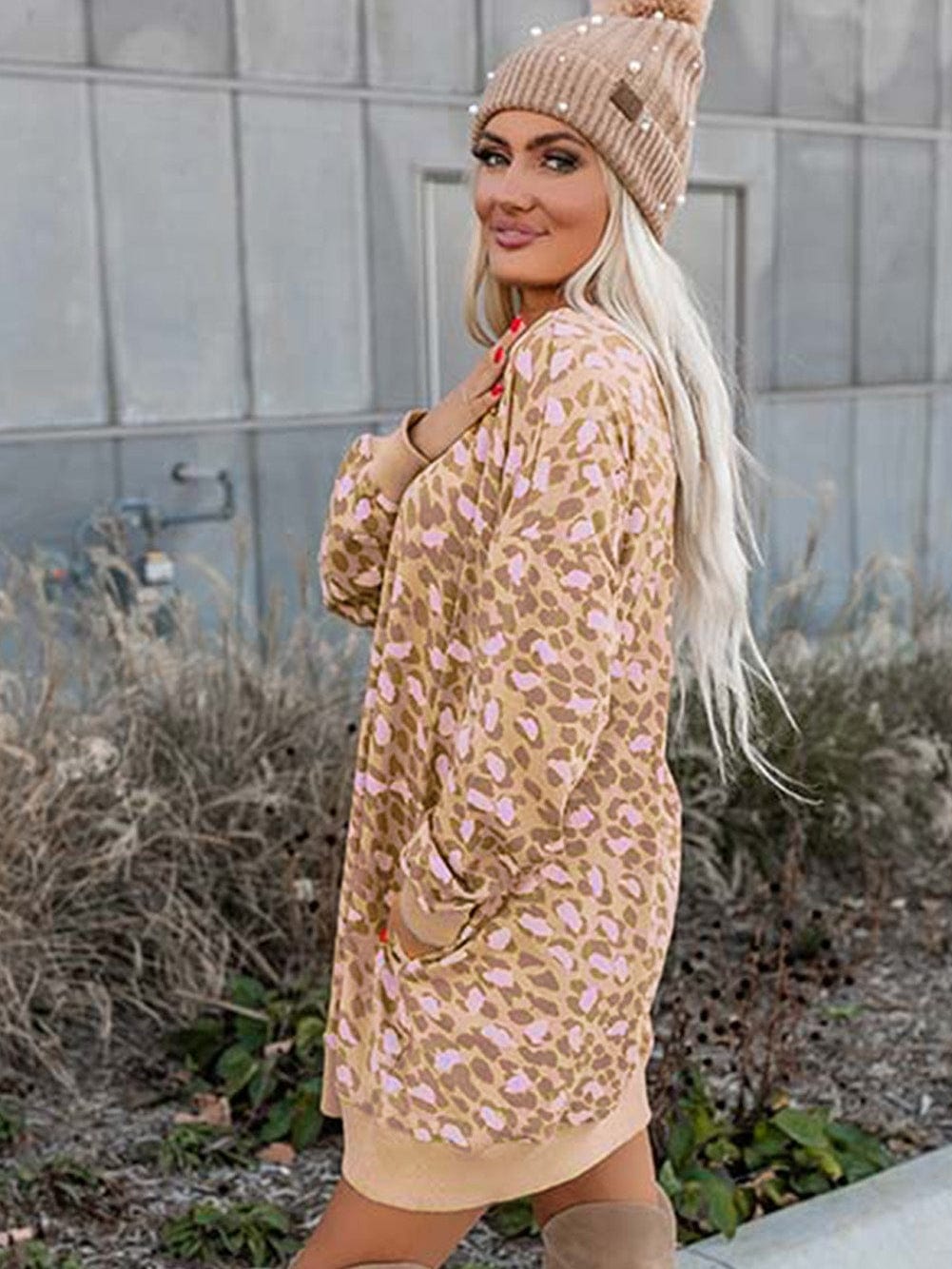 Velvet Leopard Print Frilled Collar Long Sleeve Shift Dress