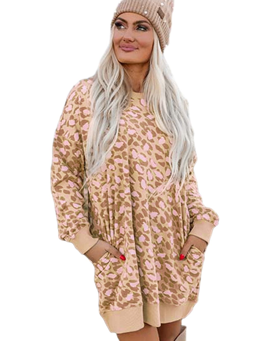 Velvet Leopard Print Frilled Collar Long Sleeve Shift Dress