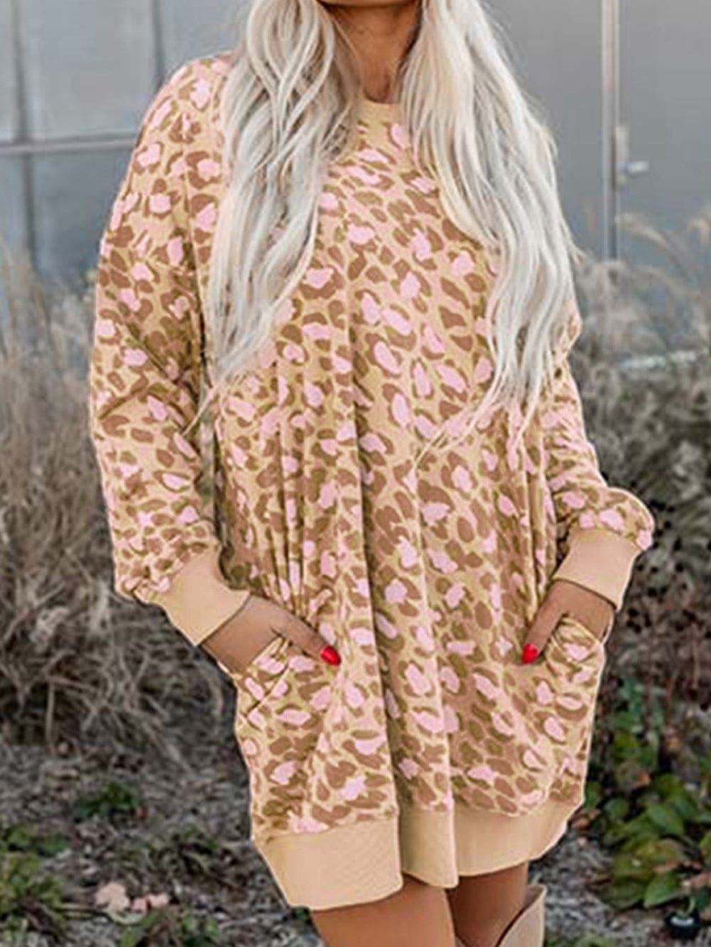 Velvet Leopard Print Frilled Collar Long Sleeve Shift Dress