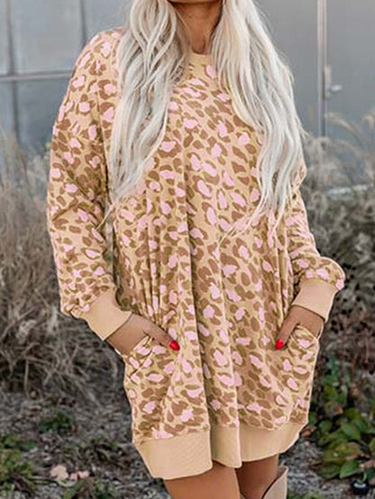 Velvet Leopard Print Frilled Collar Long Sleeve Shift Dress