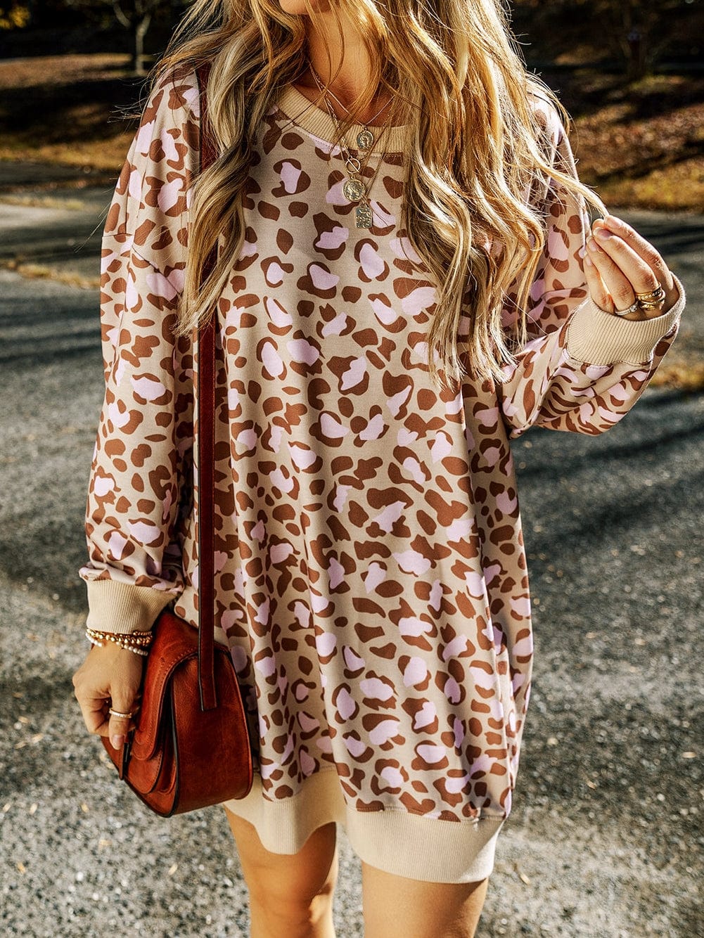 Velvet Leopard Print Frilled Collar Long Sleeve Shift Dress