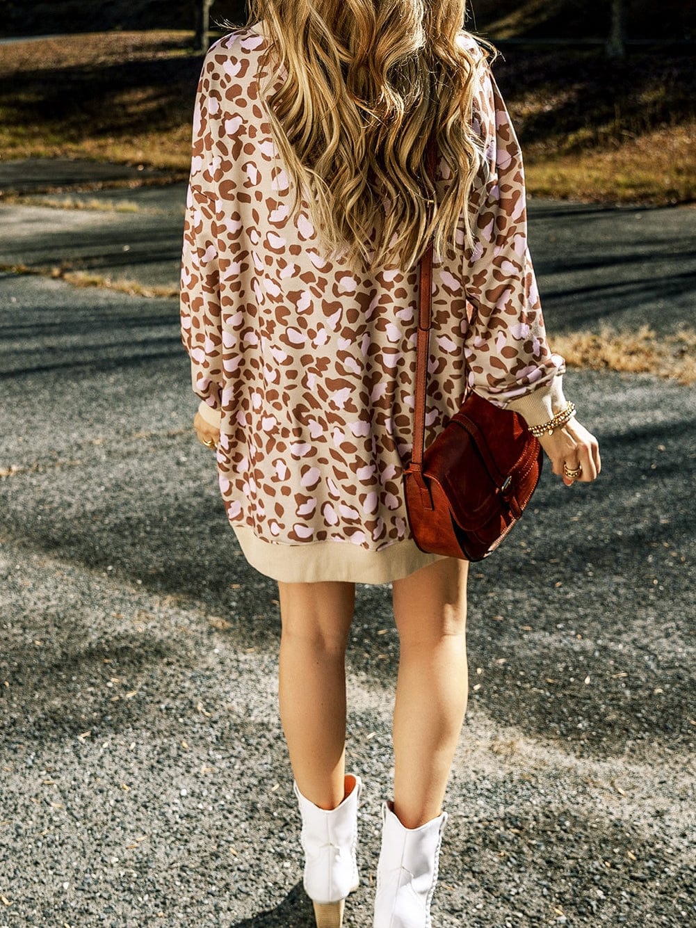 Velvet Leopard Print Frilled Collar Long Sleeve Shift Dress