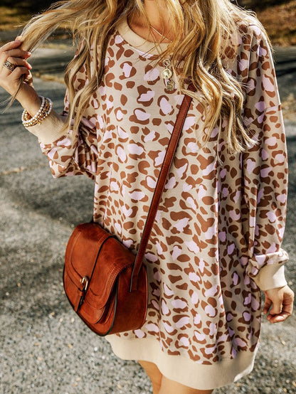 Velvet Leopard Print Frilled Collar Long Sleeve Shift Dress