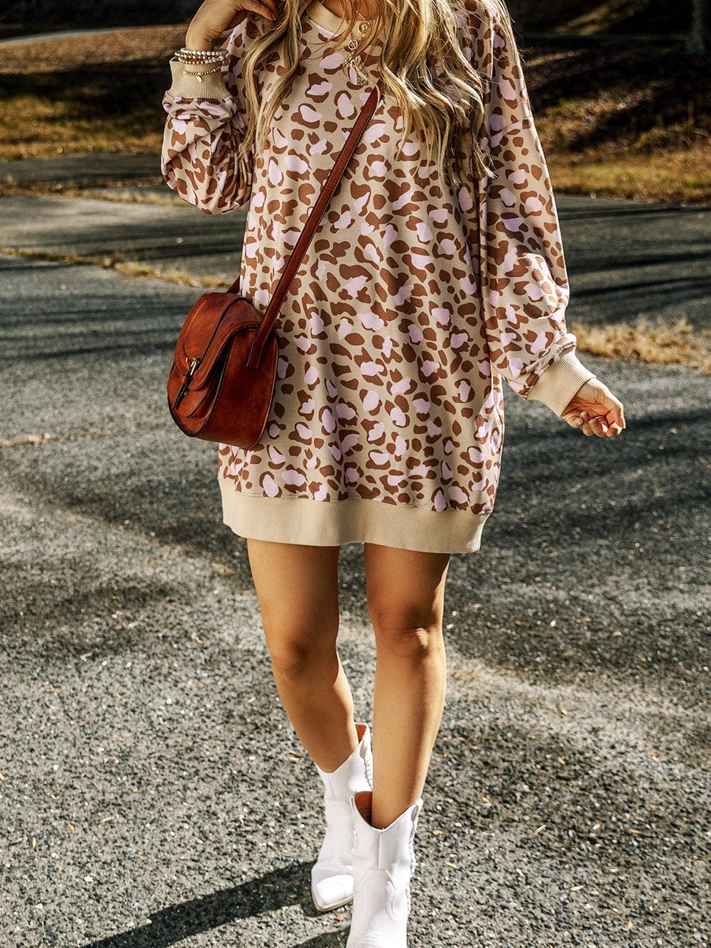 Velvet Leopard Print Frilled Collar Long Sleeve Shift Dress
