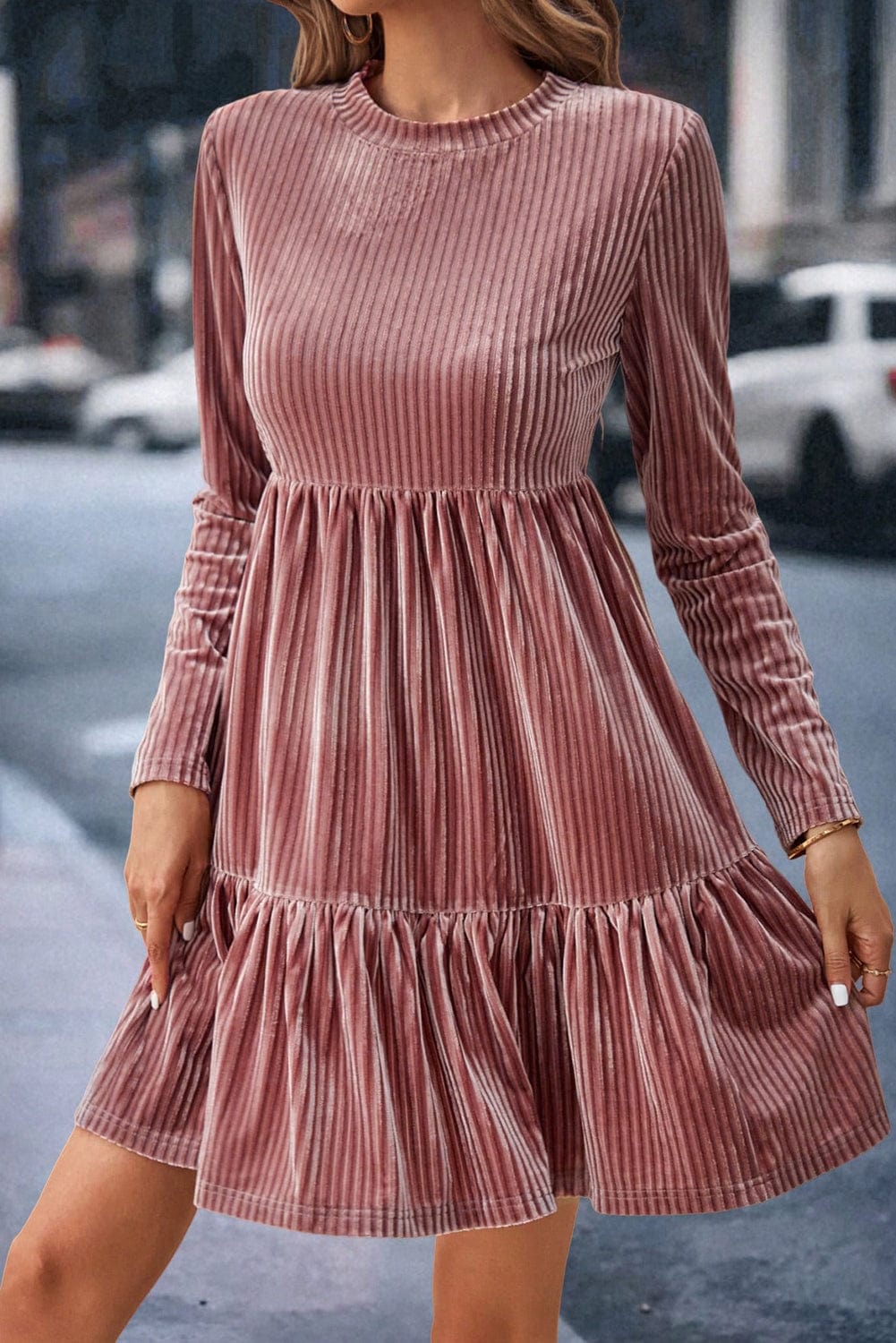 Velvet Pink Tiered Ruffle Shift Dress with Long Sleeves