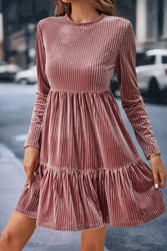 Velvet Pink Tiered Ruffle Shift Dress with Long Sleeves