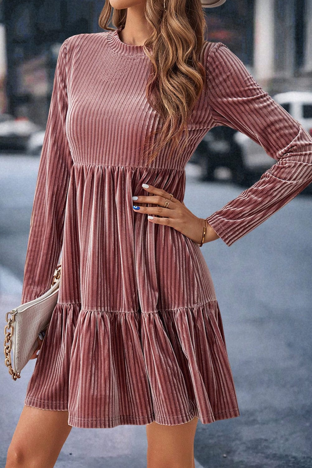 Velvet Pink Tiered Ruffle Shift Dress with Long Sleeves