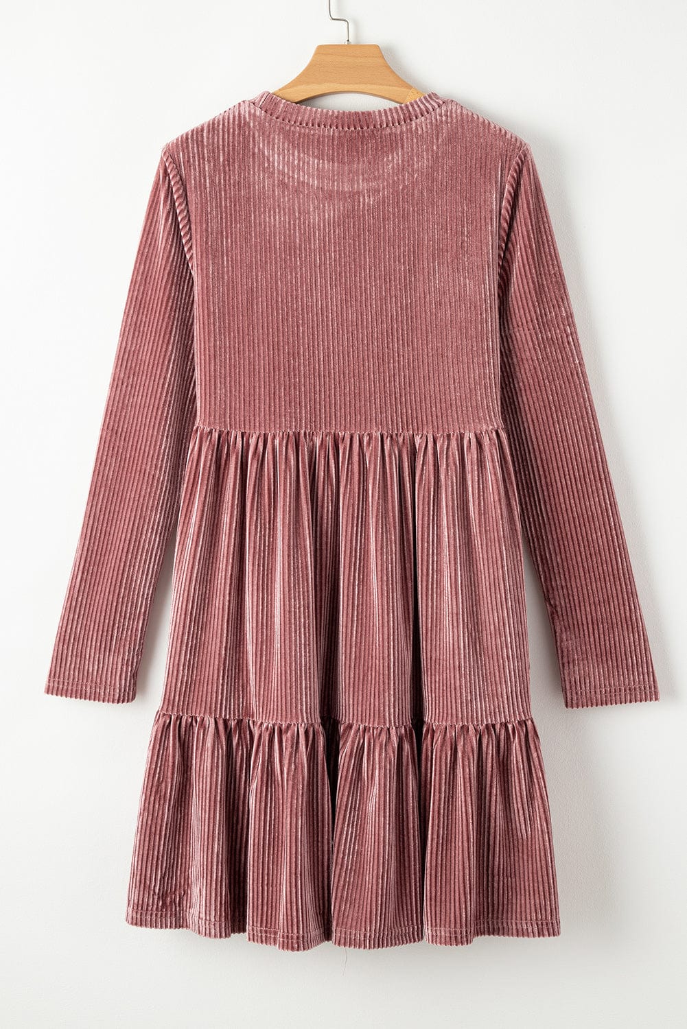 Velvet Pink Tiered Ruffle Shift Dress with Long Sleeves