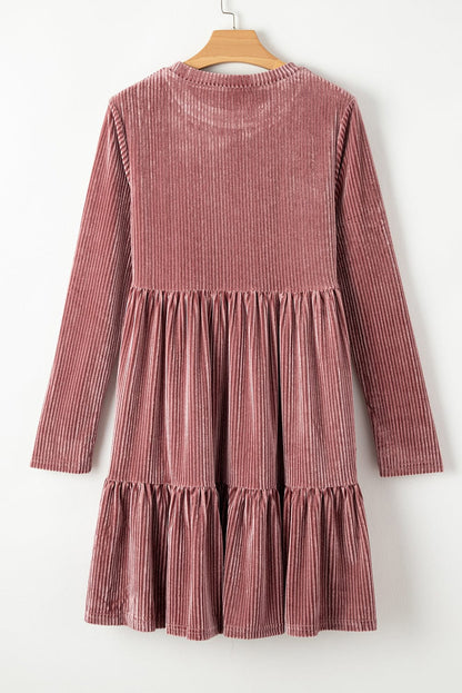 Velvet Pink Tiered Ruffle Shift Dress with Long Sleeves