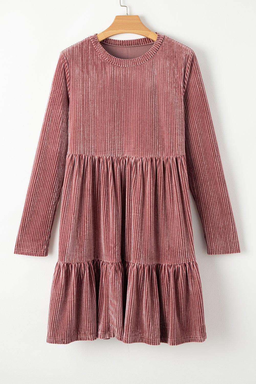 Velvet Pink Tiered Ruffle Shift Dress with Long Sleeves