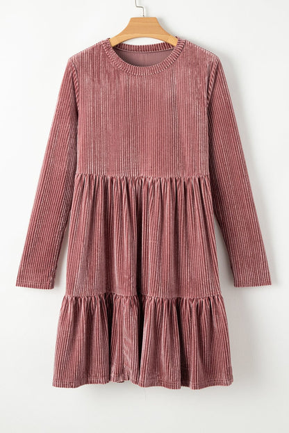 Velvet Pink Tiered Ruffle Shift Dress with Long Sleeves