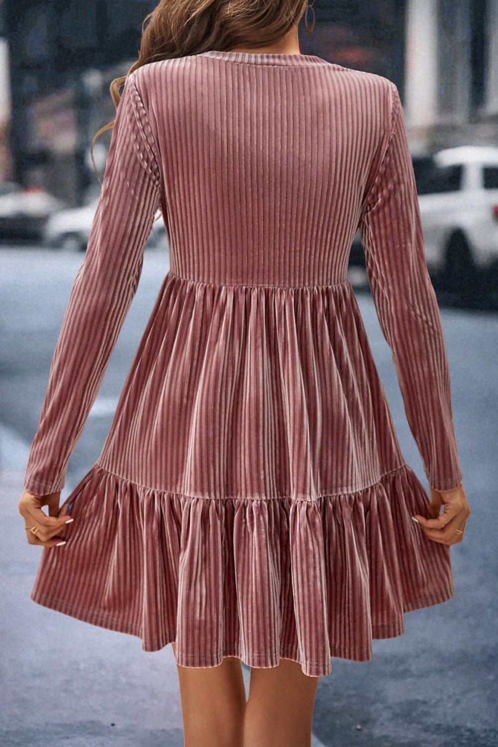 Velvet Pink Tiered Ruffle Shift Dress with Long Sleeves