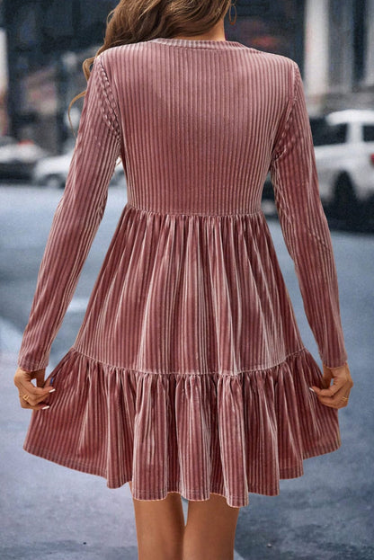 Velvet Pink Tiered Ruffle Shift Dress with Long Sleeves