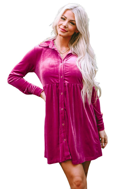 Velvet Rose Ruffle Button-Up Dress with Long Sleeves