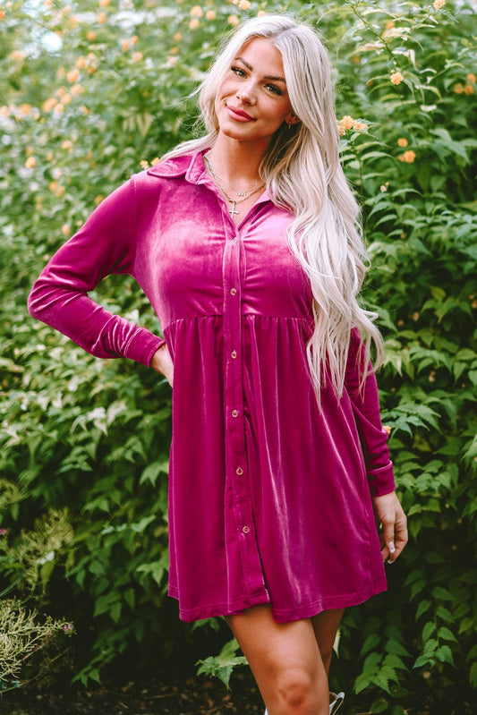 Velvet Rose Ruffle Button-Up Dress with Long Sleeves