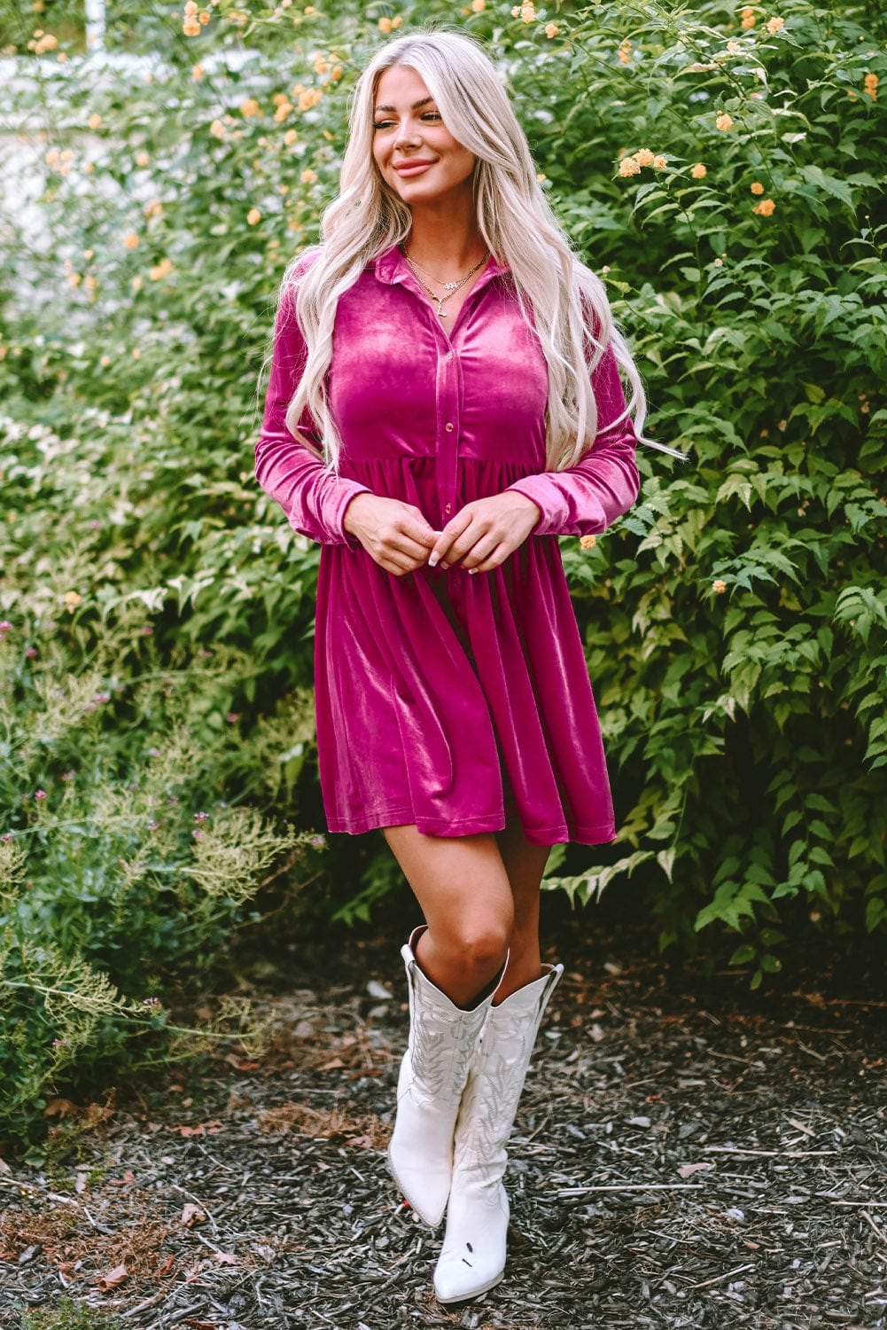 Velvet Rose Ruffle Button-Up Dress with Long Sleeves