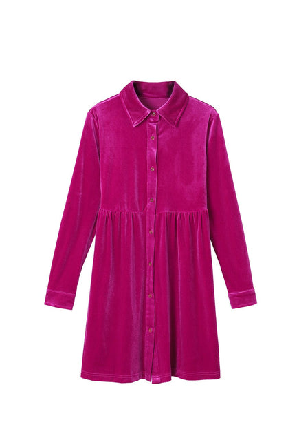 Velvet Rose Ruffle Button-Up Dress with Long Sleeves