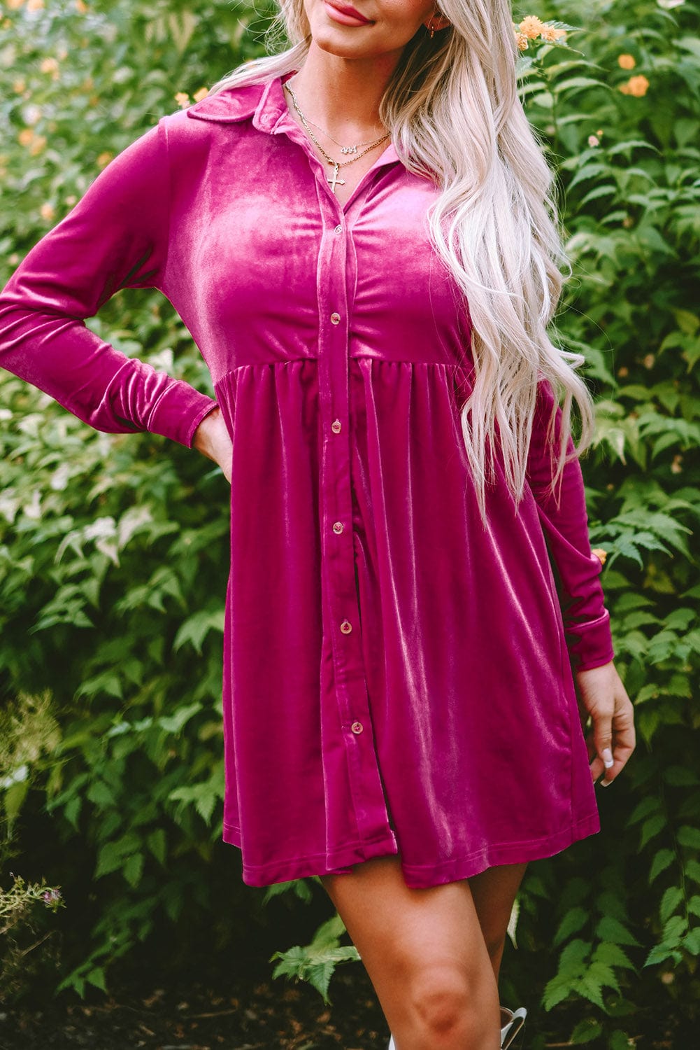 Velvet Rose Ruffle Button-Up Dress with Long Sleeves