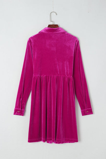 Velvet Rose Ruffle Button-Up Dress with Long Sleeves