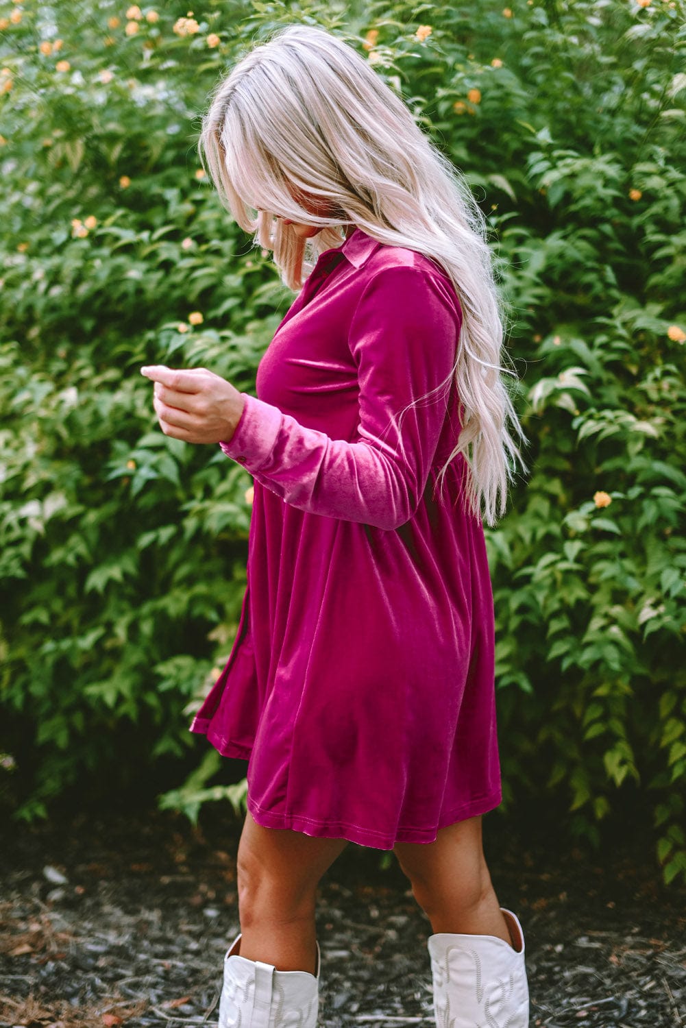 Velvet Rose Ruffle Button-Up Dress with Long Sleeves