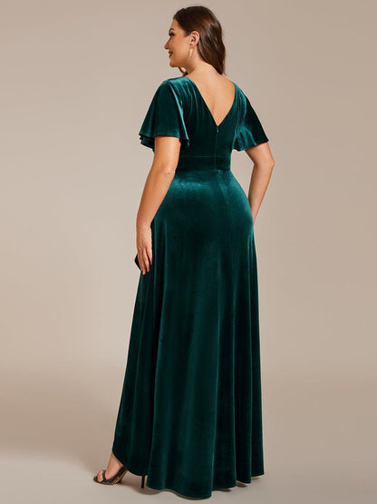 Velvet V-Neck A-Line Evening Dress with Lotus Hem and Ruffled Sleeves