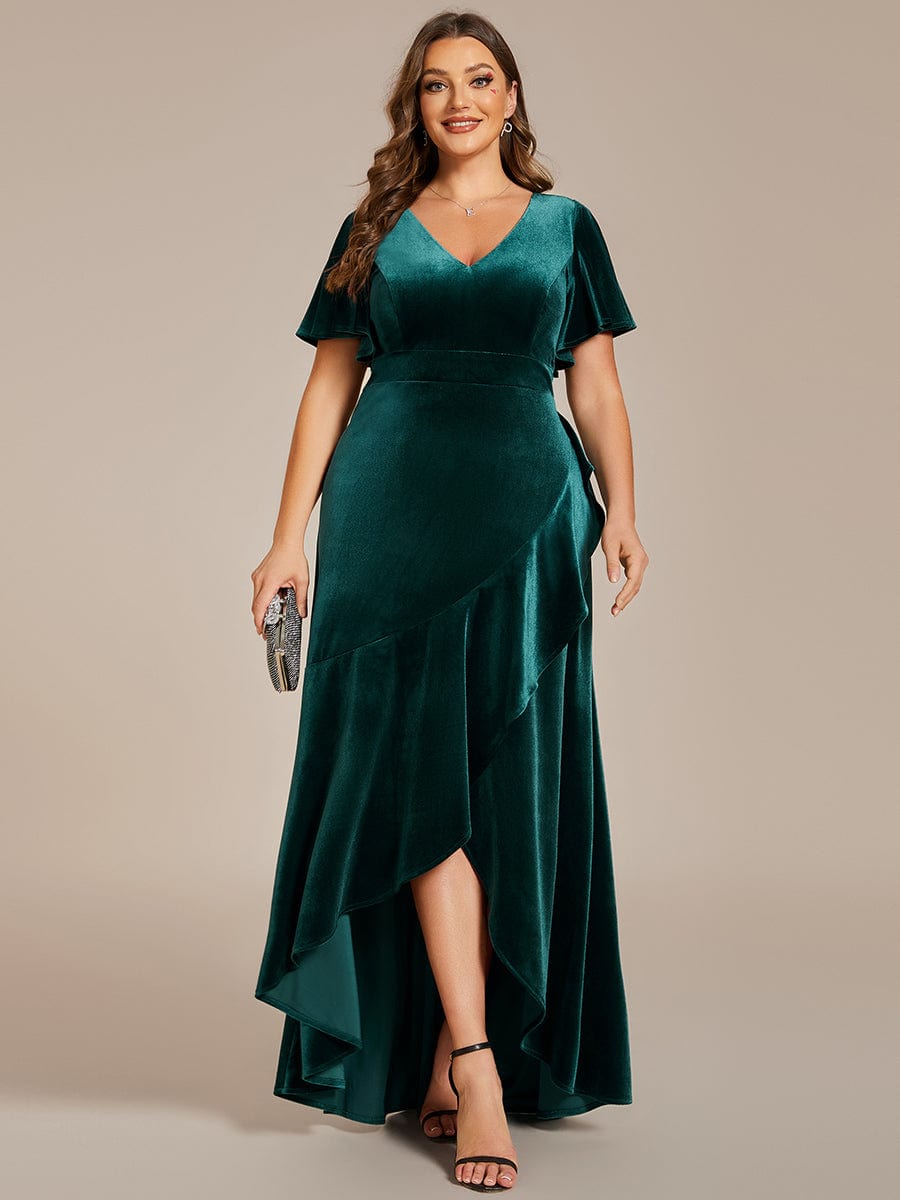 Velvet V-Neck A-Line Evening Dress with Lotus Hem and Ruffled Sleeves