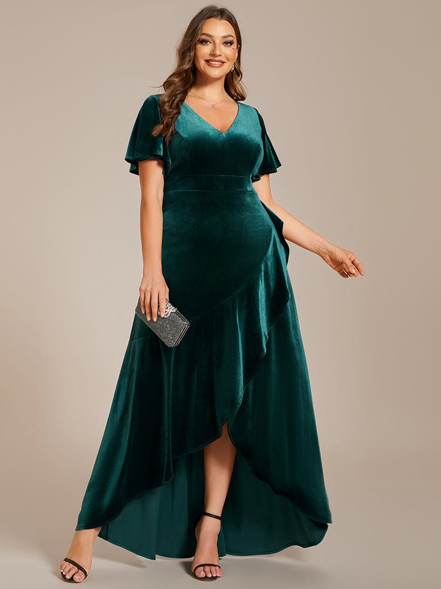 Velvet V-Neck A-Line Evening Dress with Lotus Hem and Ruffled Sleeves