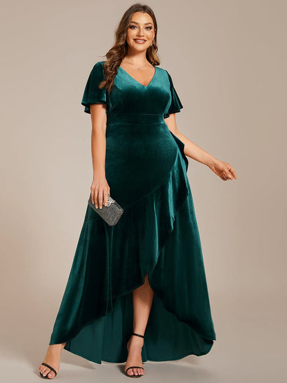 Velvet V-Neck A-Line Evening Dress with Lotus Hem and Ruffled Sleeves