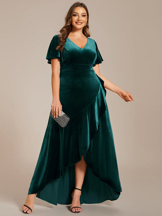 Velvet V-Neck A-Line Evening Dress with Lotus Hem and Ruffled Sleeves
