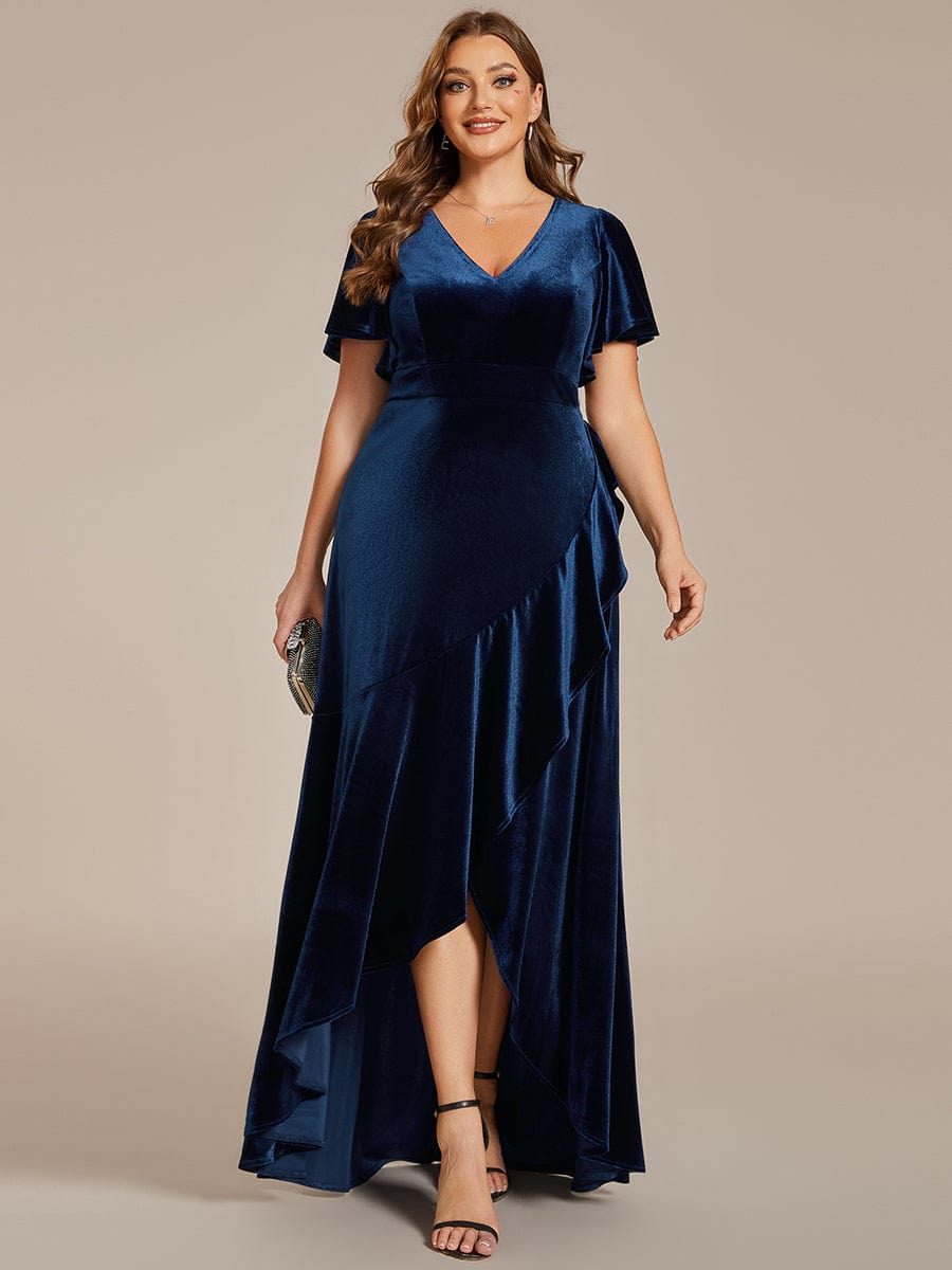 Velvet V-Neck A-Line Evening Dress with Lotus Hem and Ruffled Sleeves