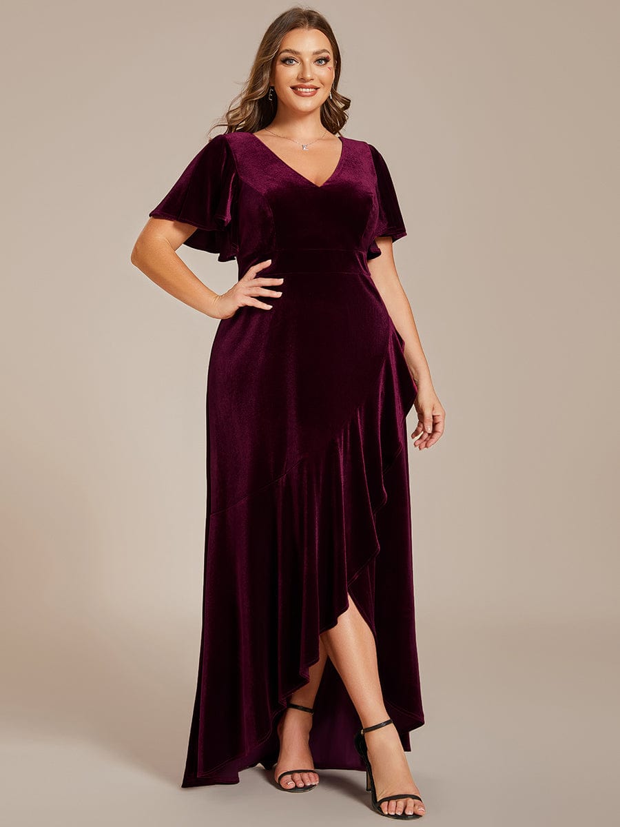 Velvet V-Neck A-Line Evening Dress with Lotus Hem and Ruffled Sleeves