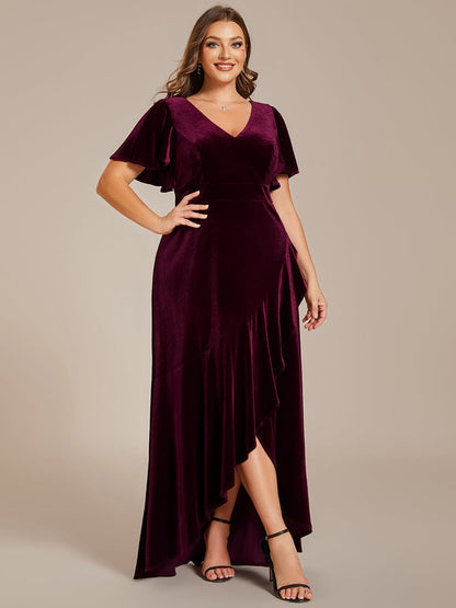Velvet V-Neck A-Line Evening Dress with Lotus Hem and Ruffled Sleeves