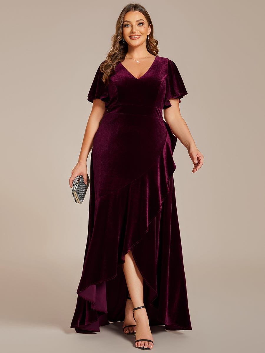 Velvet V-Neck A-Line Evening Dress with Lotus Hem and Ruffled Sleeves