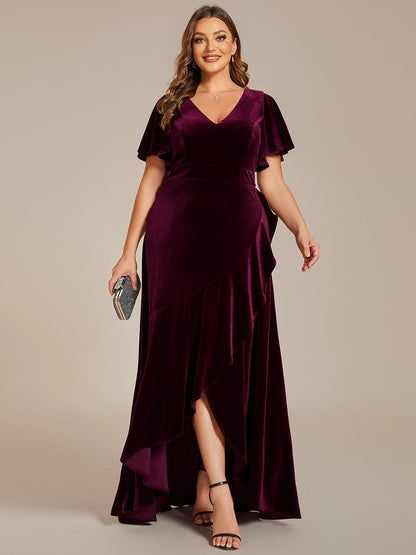 Velvet V-Neck A-Line Evening Dress with Lotus Hem and Ruffled Sleeves