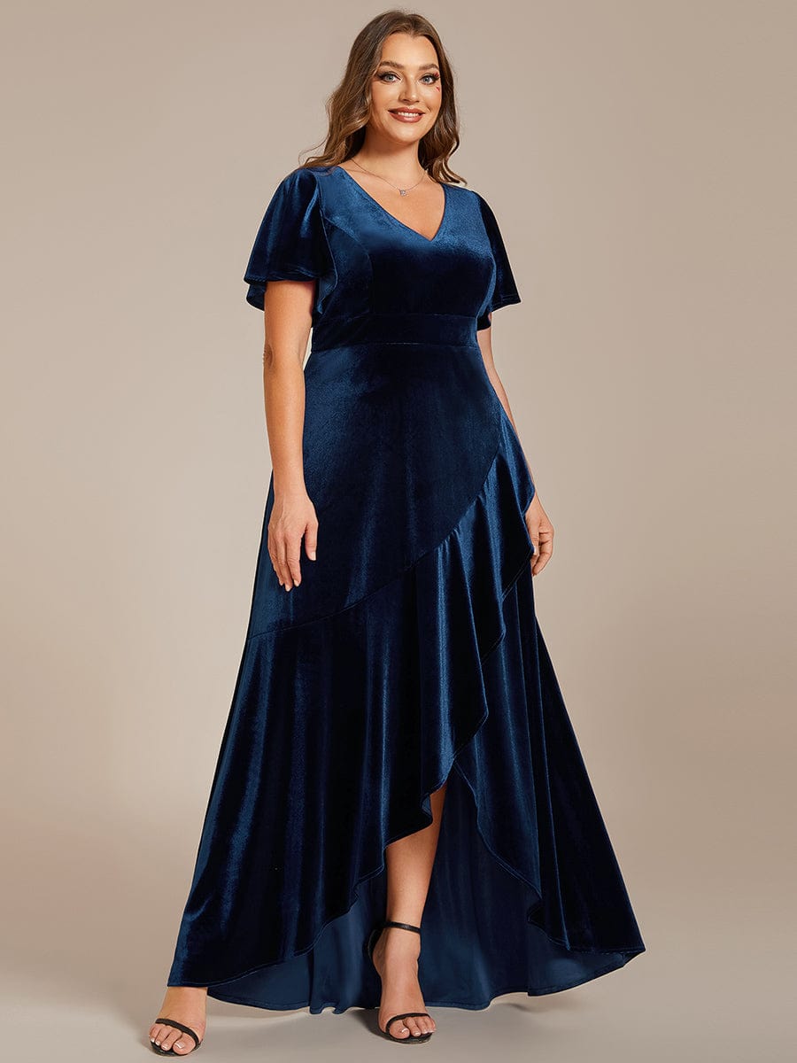 Velvet V-Neck A-Line Evening Dress with Lotus Hem and Ruffled Sleeves