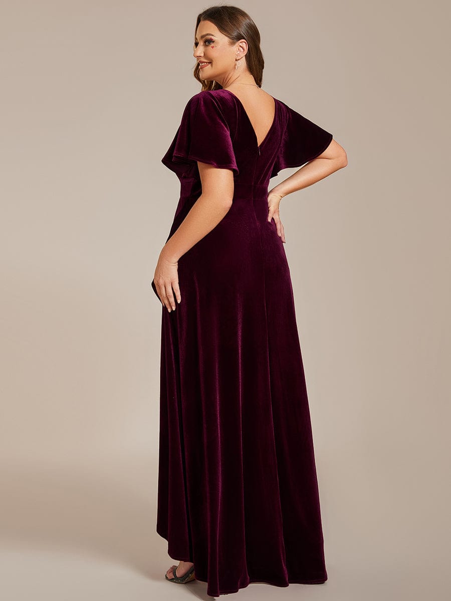 Velvet V-Neck A-Line Evening Dress with Lotus Hem and Ruffled Sleeves
