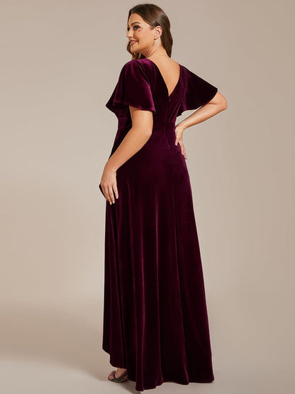 Velvet V-Neck A-Line Evening Dress with Lotus Hem and Ruffled Sleeves