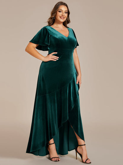 Velvet V-Neck A-Line Evening Dress with Lotus Hem and Ruffled Sleeves