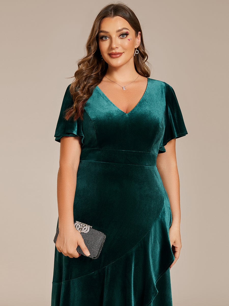 Velvet V-Neck A-Line Evening Dress with Lotus Hem and Ruffled Sleeves