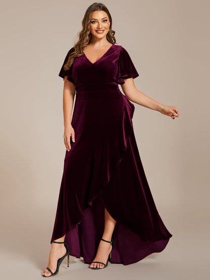 Velvet V-Neck A-Line Evening Dress with Lotus Hem and Ruffled Sleeves