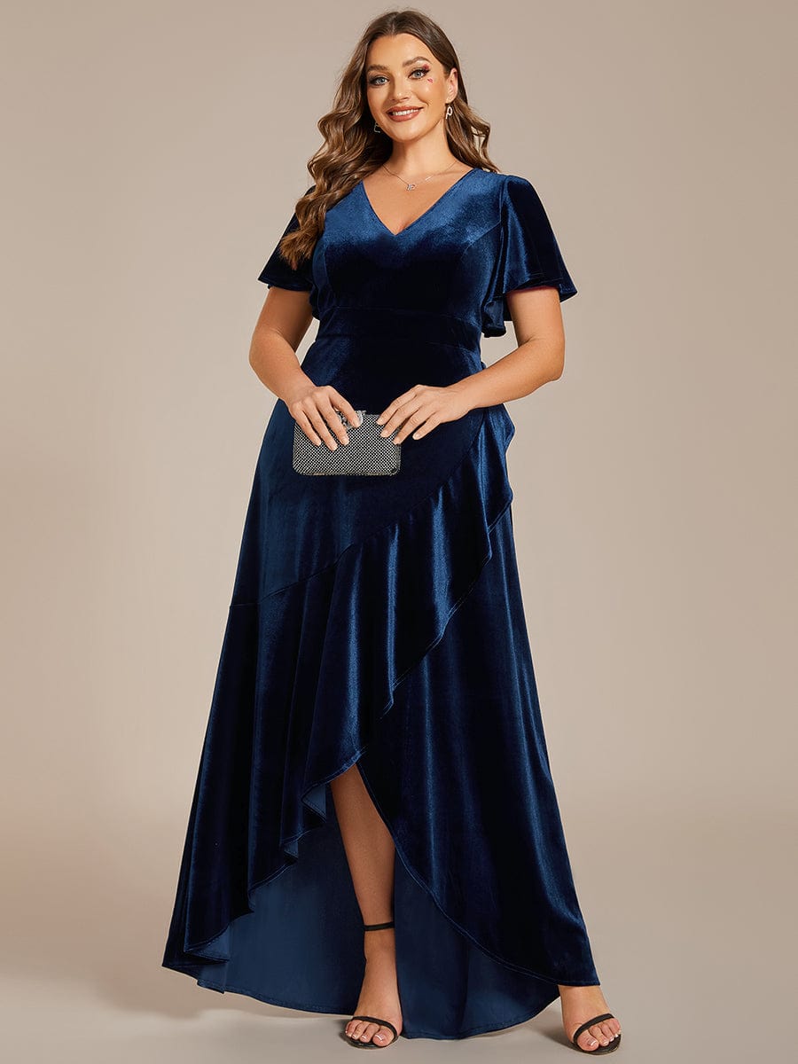 Velvet V-Neck A-Line Evening Dress with Lotus Hem and Ruffled Sleeves