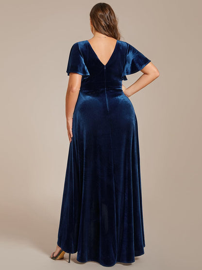 Velvet V-Neck A-Line Evening Dress with Lotus Hem and Ruffled Sleeves