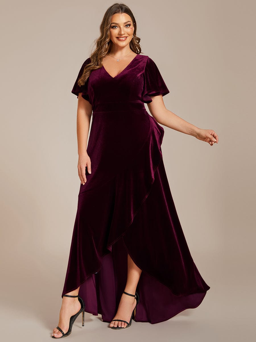 Velvet V-Neck A-Line Evening Dress with Lotus Hem and Ruffled Sleeves