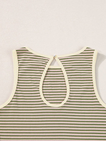 Versatile Green Striped Ribbed Knit Tank Top