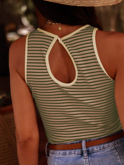 Versatile Green Striped Ribbed Knit Tank Top