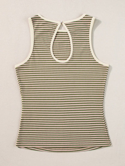 Versatile Green Striped Ribbed Knit Tank Top