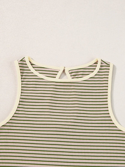Versatile Green Striped Ribbed Knit Tank Top