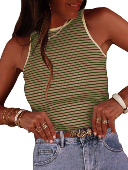 Versatile Green Striped Ribbed Knit Tank Top