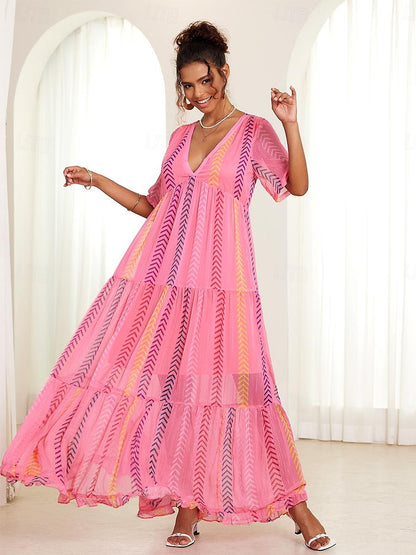 Women's Chiffon Print V Neck Long Dress Maxi Dress Party Short Sleeve Summer