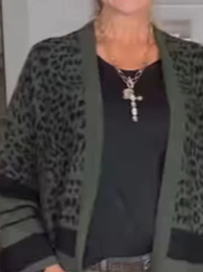 Women's Cardigan Sweater Jacket Open Front Ribbed Knit Polyester Tassel Knitted Print Fall Winter Regular Outdoor Daily Going out Fashion Casual Soft Long Sleeve Leopard Striped Dark Gray S M L